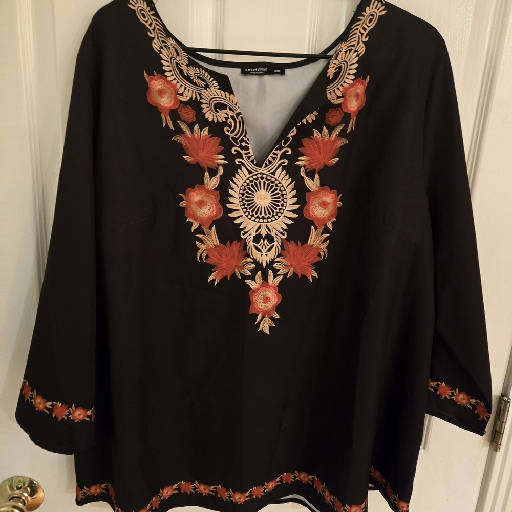SHEIN Black Tunic Top with Orange and Cream Floral Embroidery